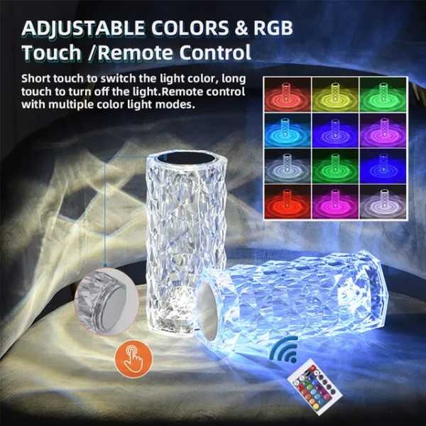 16 Colors Crystal Rose Touch Lamp – USB Rechargeable LED Bedside Table Lamp with Remote Control, Romantic Diamond Night Light