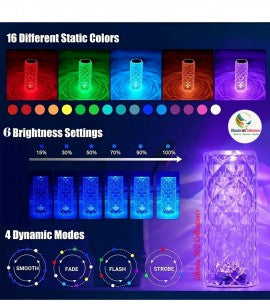 16 Colors Crystal Rose Touch Lamp – USB Rechargeable LED Bedside Table Lamp with Remote Control, Romantic Diamond Night Light