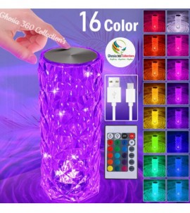 16 Colors Crystal Rose Touch Lamp – USB Rechargeable LED Bedside Table Lamp with Remote Control, Romantic Diamond Night Light