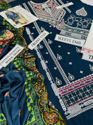 3 Pcs Women’s Unstitched Embroidered Dhanak Suit with Wool Shawl | Royal Martz