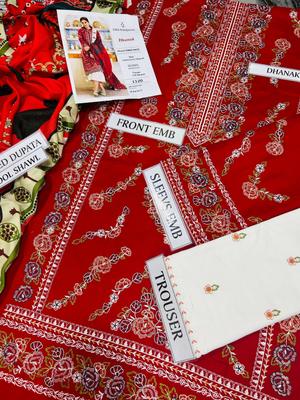 3 Pcs Women’s Unstitched Embroidered Dhanak Suit with Wool Shawl | Royal Martz