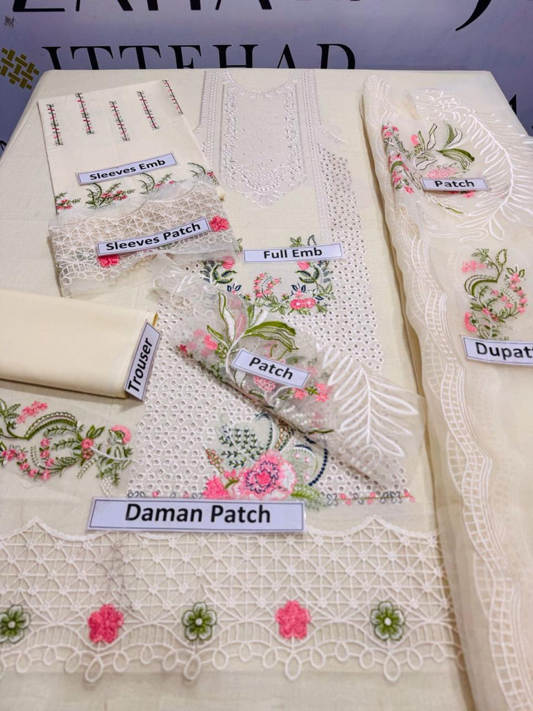 3 Pcs Women’s Unstitched Embroidered Lawn Suit – Chikankari & Organza Dupatta