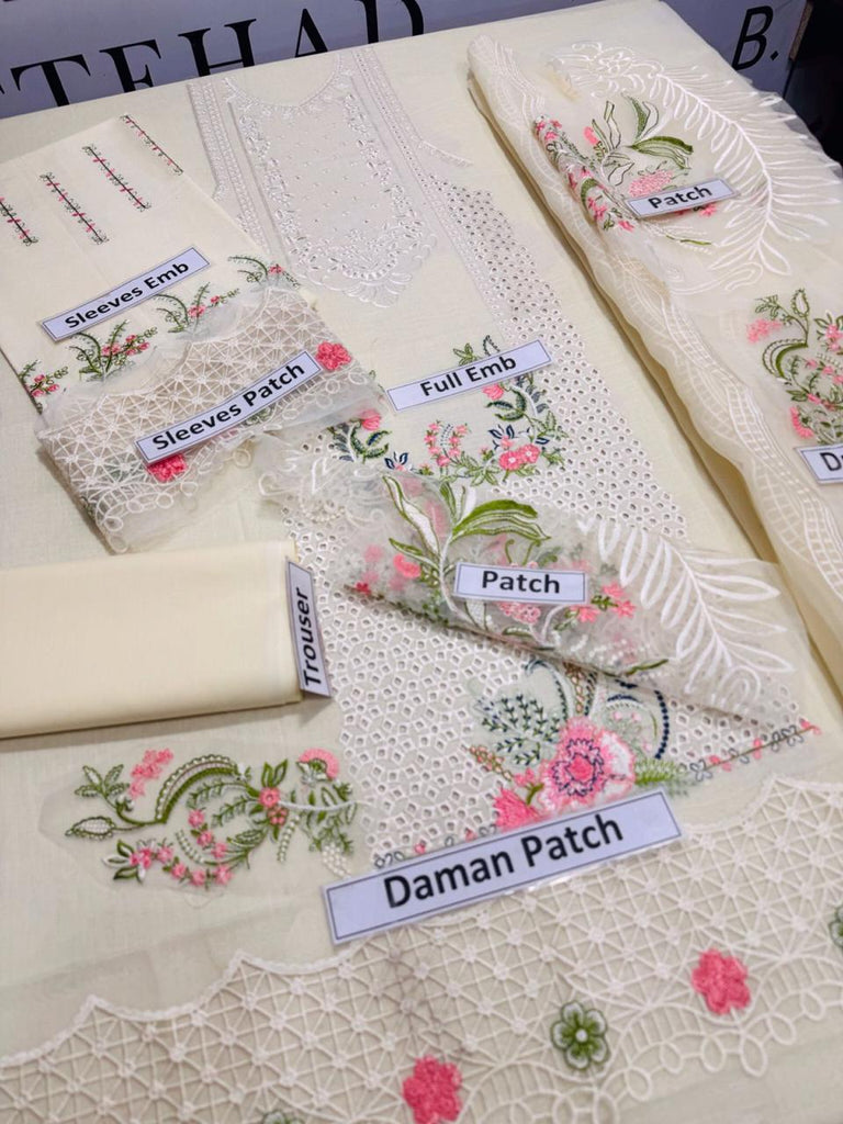 3 Pcs Women’s Unstitched Embroidered Lawn Suit – Chikankari & Organza Dupatta