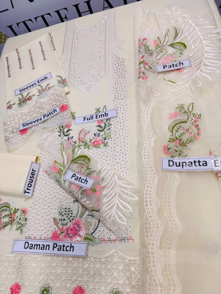 3 Pcs Women’s Unstitched Embroidered Lawn Suit – Chikankari & Organza Dupatta