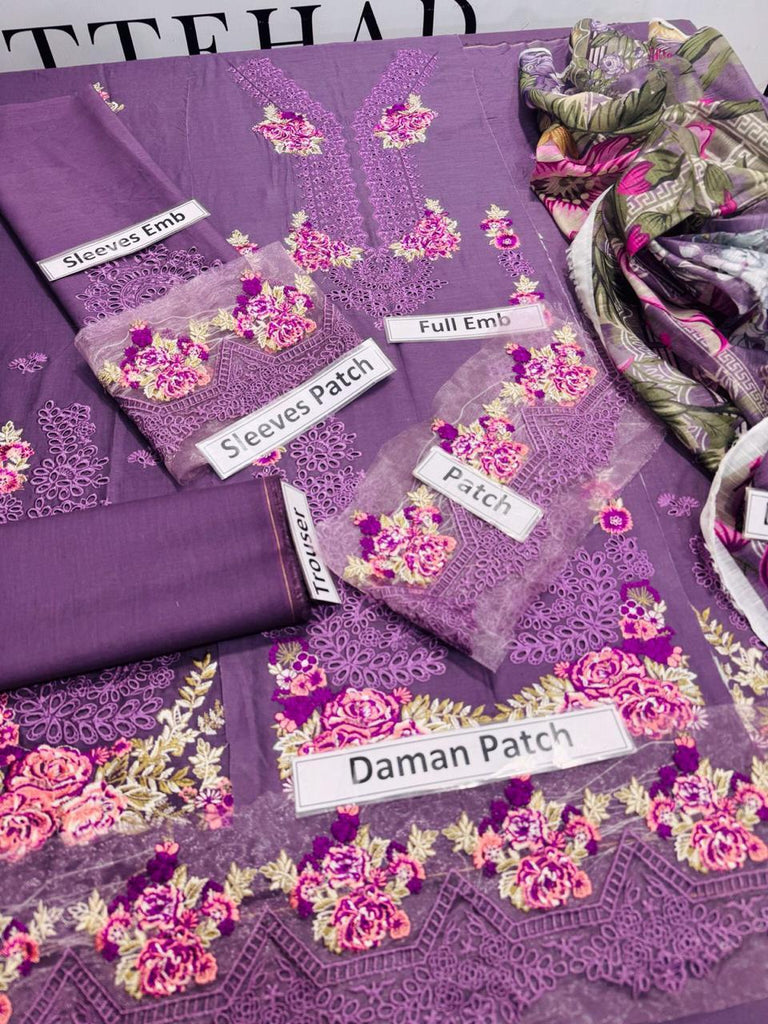 3 Pcs Women’s Unstitched Embroidered Lawn Suit – Chikankari Shirt with Diamond Digital Print Dupatta | Royal Martz