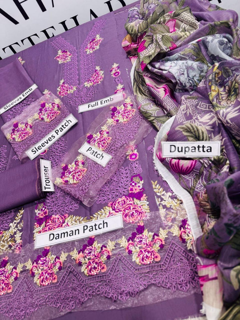 3 Pcs Women’s Unstitched Embroidered Lawn Suit – Chikankari Shirt with Diamond Digital Print Dupatta | Royal Martz