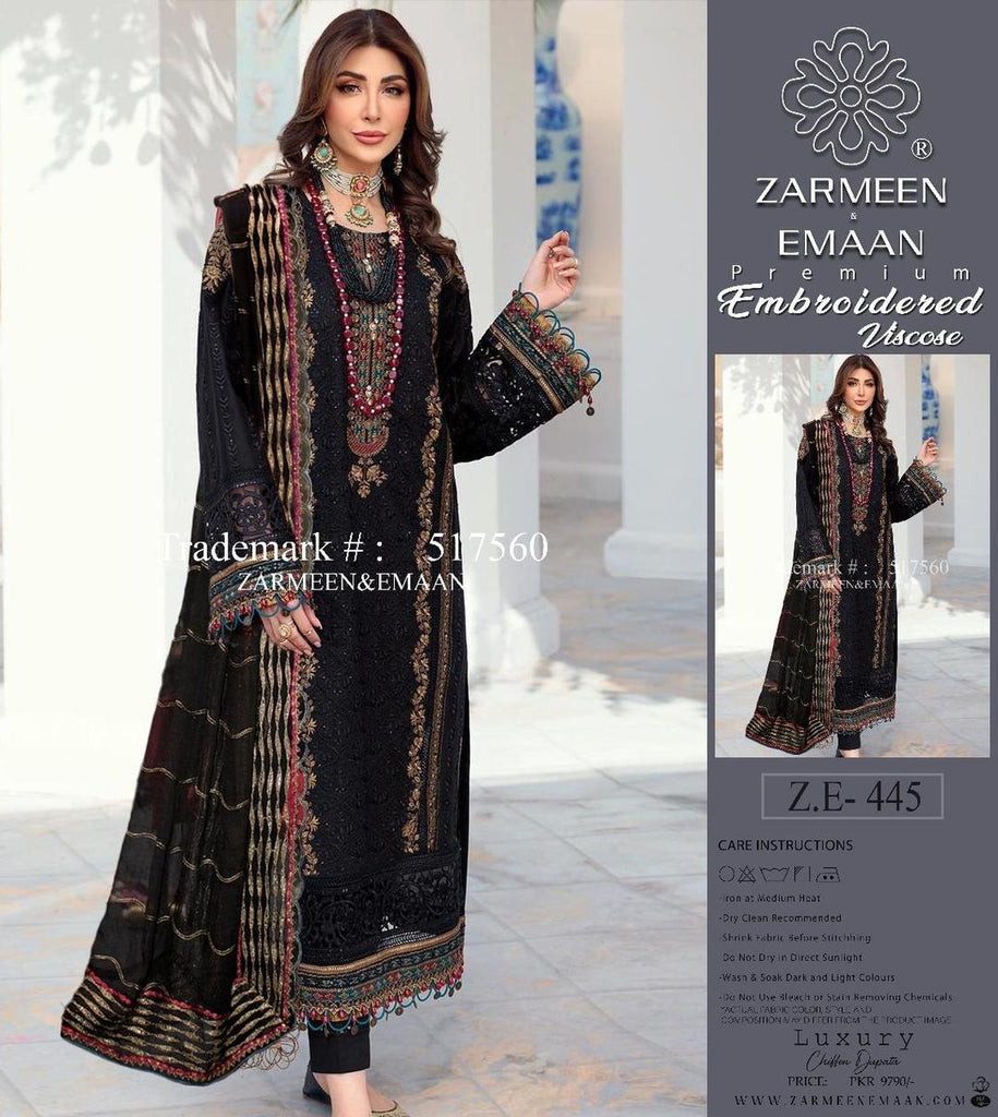 3 Pcs Women’s Unstitched Viscose Embroidered Suit – Black Viscose Fabric with Handwork Neckline & Embroidered Dupatta