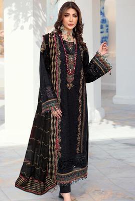 3 Pcs Women’s Unstitched Viscose Embroidered Suit – Black Viscose Fabric with Handwork Neckline & Embroidered Dupatta