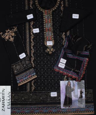 3 Pcs Women’s Unstitched Viscose Embroidered Suit – Black Viscose Fabric with Handwork Neckline & Embroidered Dupatta