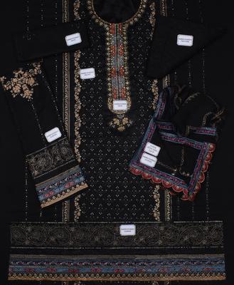 3 Pcs Women’s Unstitched Viscose Embroidered Suit – Black Viscose Fabric with Handwork Neckline & Embroidered Dupatta