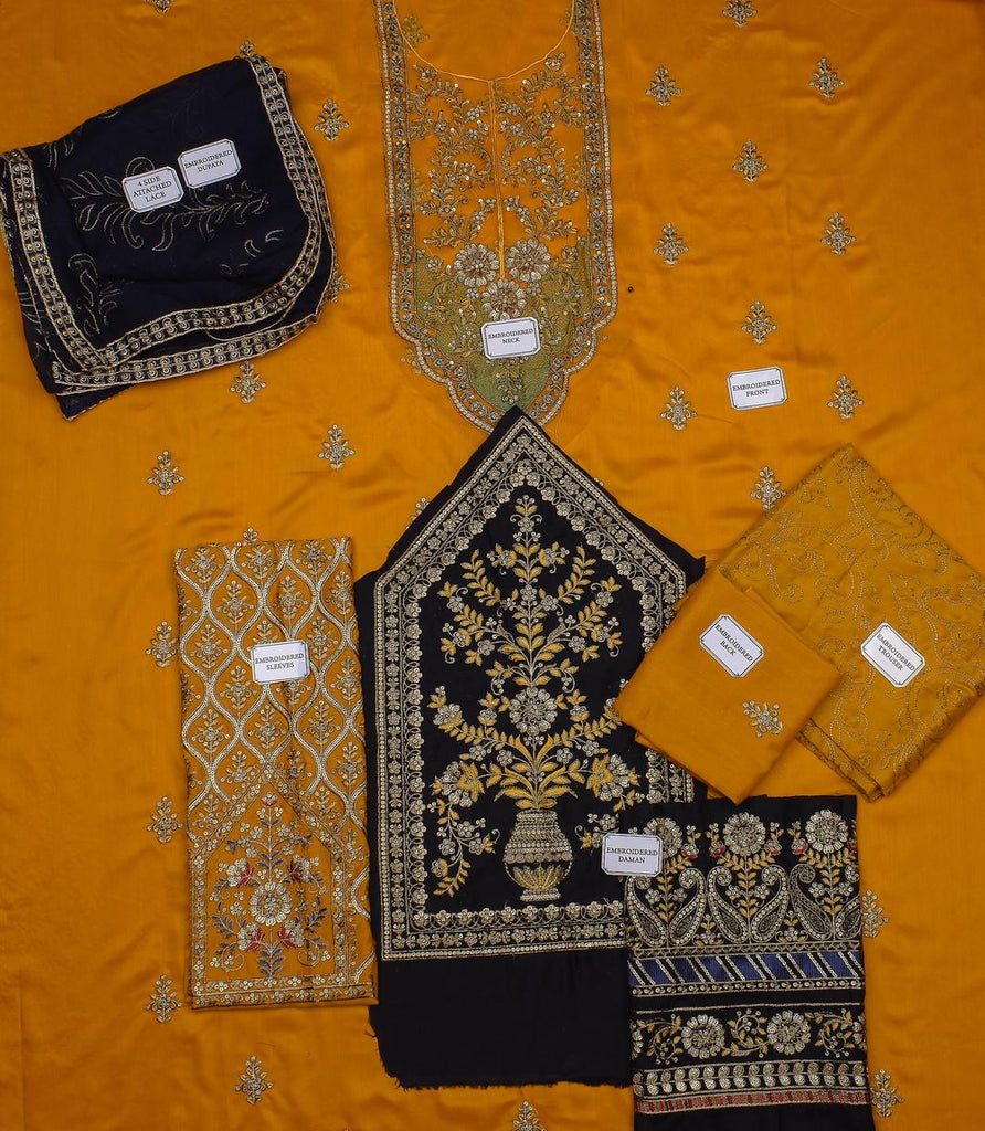 3 Pcs Women’s Unstitched Viscose Plain Suit – Golden Color Embroidered Shirt, Trouser & Bamber Dupatta | Royal Mart
