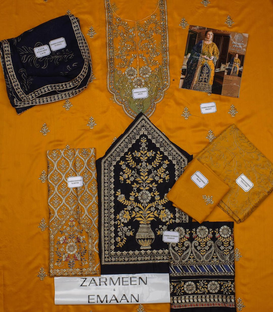 3 Pcs Women’s Unstitched Viscose Plain Suit – Golden Color Embroidered Shirt, Trouser & Bamber Dupatta | Royal Mart
