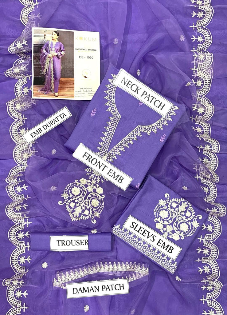 3 Pcs Women’s Unstitched Embroidered Lawn Suit with Organza Dupatta – Blue | Royal Martz