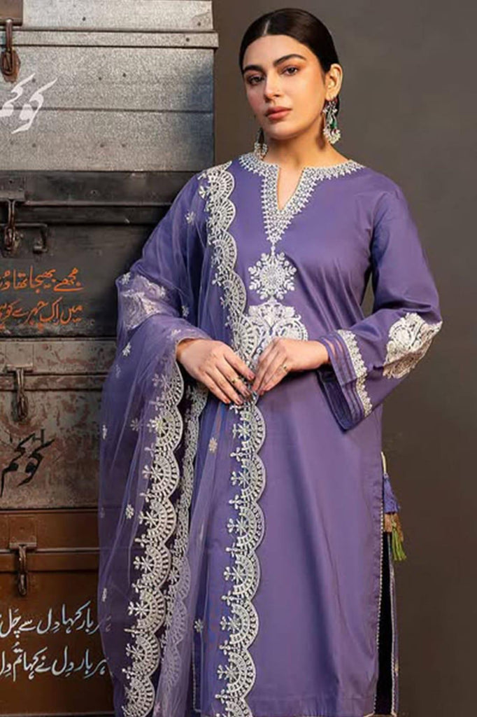 3 Pcs Women’s Unstitched Embroidered Lawn Suit with Organza Dupatta – Blue | Royal Martz