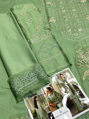 3 Pcs Women’s Unstitched Embroidered Dhanak Suit with Wool Shawl – Green | Royal Martz
