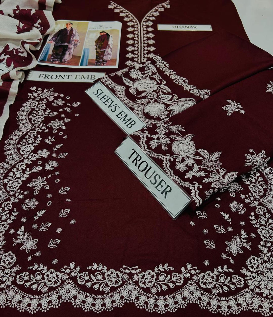 3 Pcs Women’s Unstitched Embroidered Dhanak Suit with Wool Shawl | Royal Martz