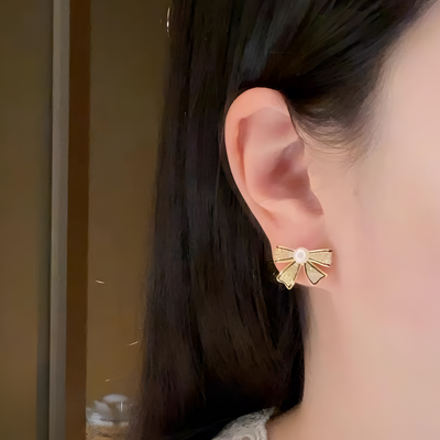 Bow Shape Zircon Pearl Earrings for Women | Korean Style Jewelry | Gold & Silver Elegant Party, Wedding & Daily Wear Earrings