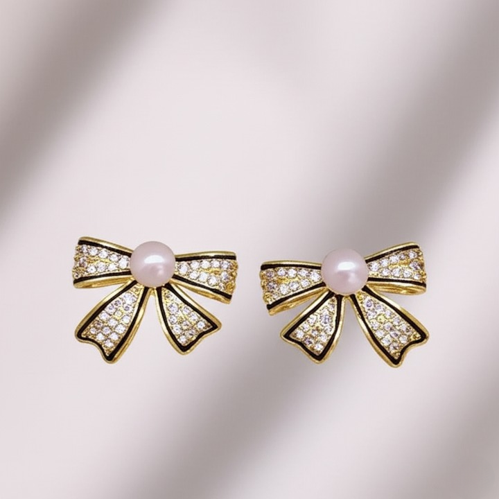 Bow Shape Zircon Pearl Earrings for Women | Korean Style Jewelry | Gold & Silver Elegant Party, Wedding & Daily Wear Earrings