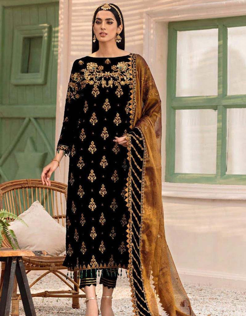 Emaan Adeel Velvet Embroidery Suit with Net Dupatta – Master Replica | Royal Martz