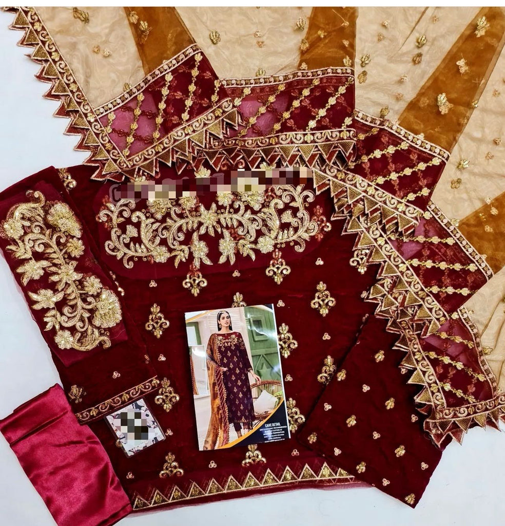Emaan Adeel Velvet Embroidery Suit with Net Dupatta – Master Replica | Royal Martz