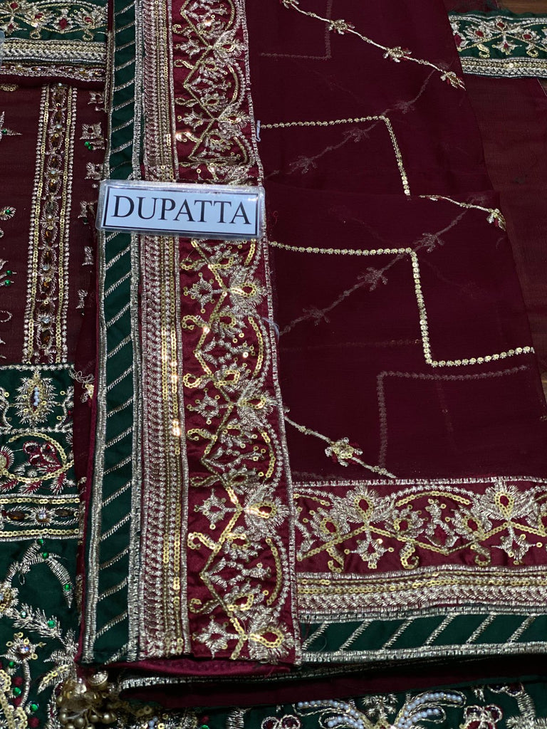 Luxury Chiffon Embroidered 3 Pc Unstitched Dress – Zari, Sequence, Thread & Handwork with Silk Trouser & Heavy Dupatta