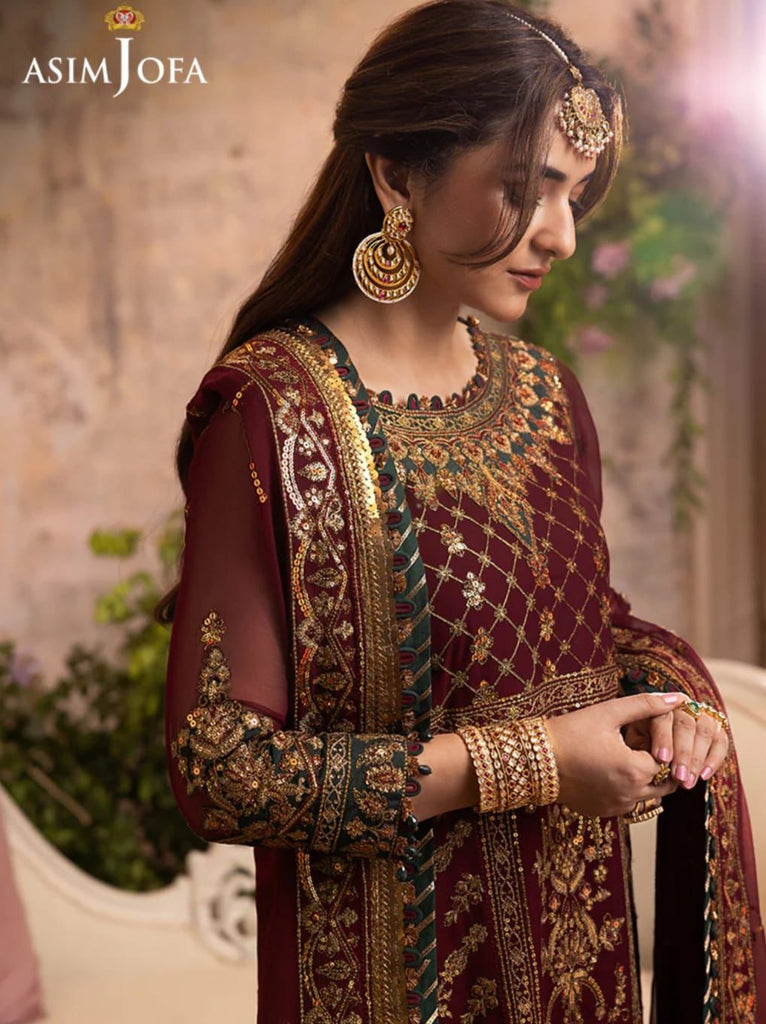 Luxury Chiffon Embroidered 3 Pc Unstitched Dress – Zari, Sequence, Thread & Handwork with Silk Trouser & Heavy Dupatta