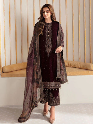 Luxury Velvet Embroidered Suit with Silk Trouser & Organza Dupatta | Women’s 3PC Unstitched Dress | Royal Martz