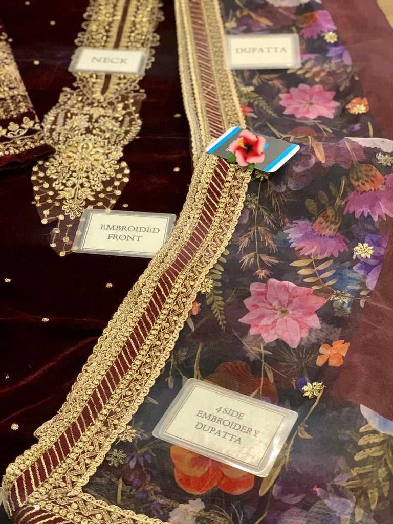 Luxury Velvet Embroidered Suit with Silk Trouser & Organza Dupatta | Women’s 3PC Unstitched Dress | Royal Martz