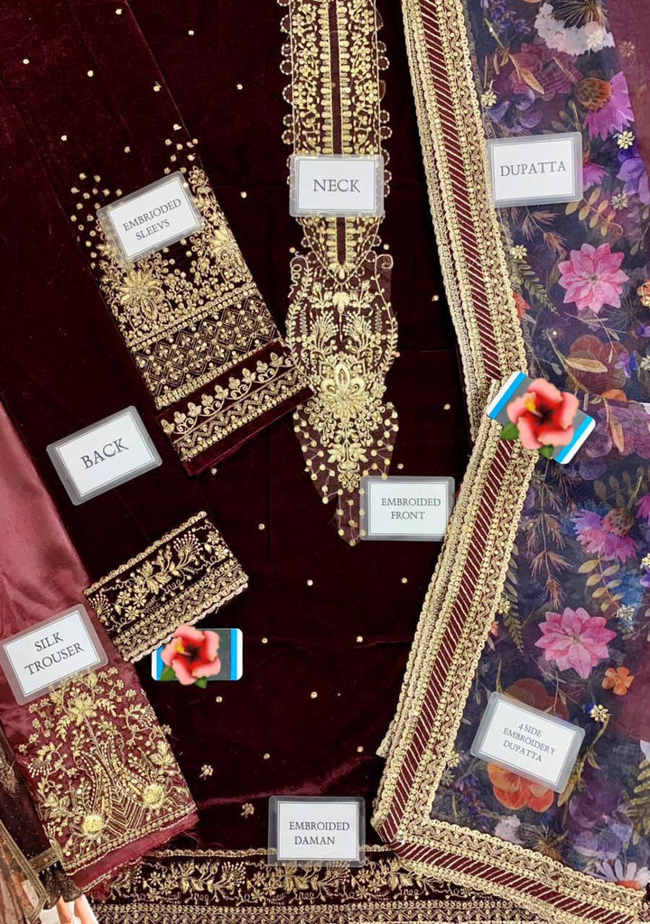 Luxury Velvet Embroidered Suit with Silk Trouser & Organza Dupatta | Women’s 3PC Unstitched Dress | Royal Martz
