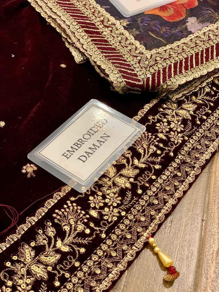 Luxury Velvet Embroidered Suit with Silk Trouser & Organza Dupatta | Women’s 3PC Unstitched Dress | Royal Martz