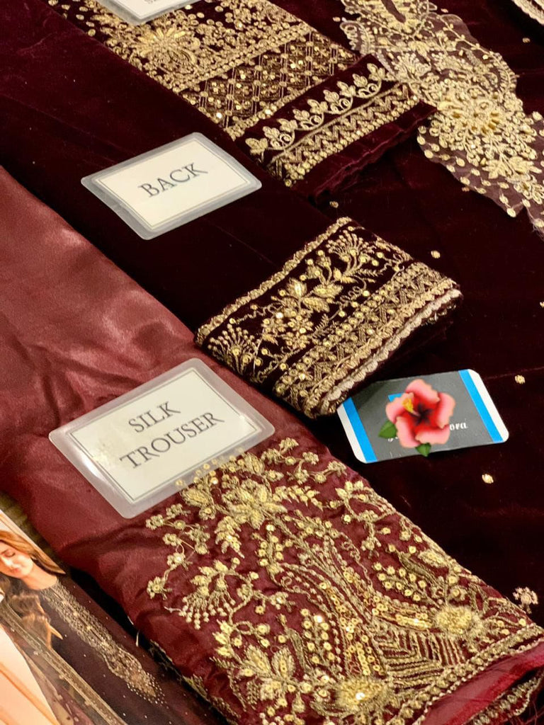 Luxury Velvet Embroidered Suit with Silk Trouser & Organza Dupatta | Women’s 3PC Unstitched Dress | Royal Martz