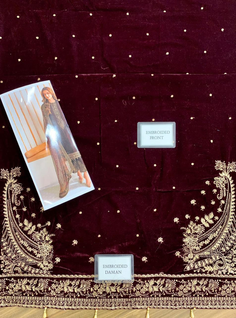 Luxury Velvet Embroidered Suit with Silk Trouser & Organza Dupatta | Women’s 3PC Unstitched Dress | Royal Martz