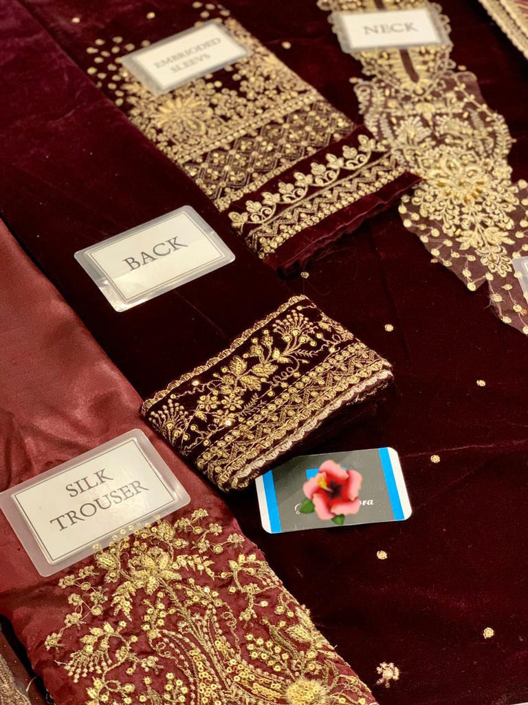 Luxury Velvet Embroidered Suit with Silk Trouser & Organza Dupatta | Women’s 3PC Unstitched Dress | Royal Martz