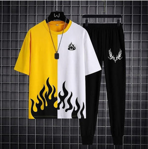 2 Pcs Men’s Polyester Printed Tracksuit – T-Shirt & Trouser Set (S–XL, Yellow)