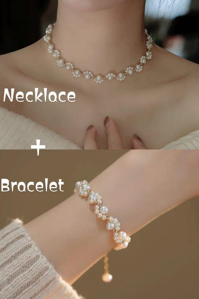 Elegant Beaded Gold Plated Pearl Necklace & Bracelet Set for Women | Royal Martz Jewelry