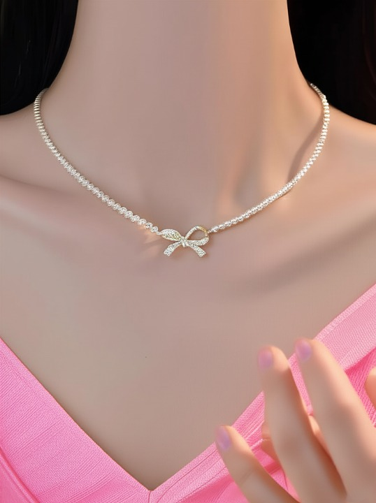 PQT-992 – Bow Shape Pearl Pendant Necklace for Women | Elegant Jewelry in Silver & Golden | Royal Martz
