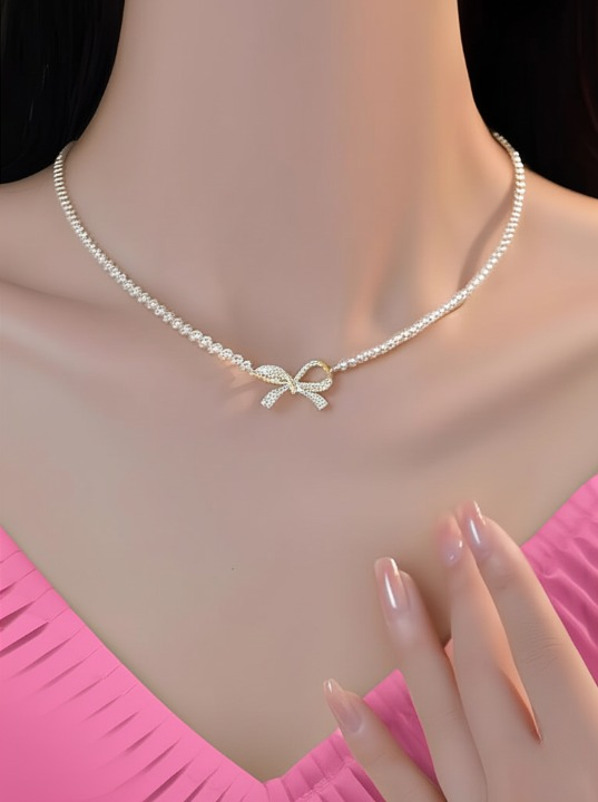 PQT-992 – Bow Shape Pearl Pendant Necklace for Women | Elegant Jewelry in Silver & Golden | Royal Martz