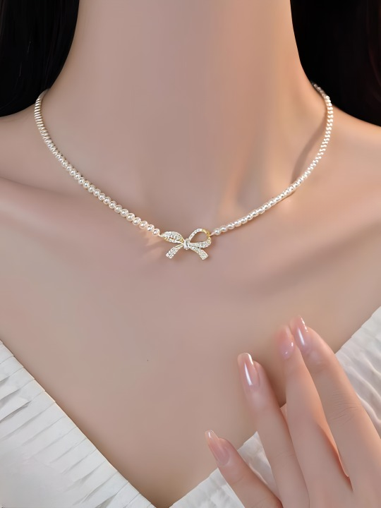 PQT-992 – Bow Shape Pearl Pendant Necklace for Women | Elegant Jewelry in Silver & Golden | Royal Martz