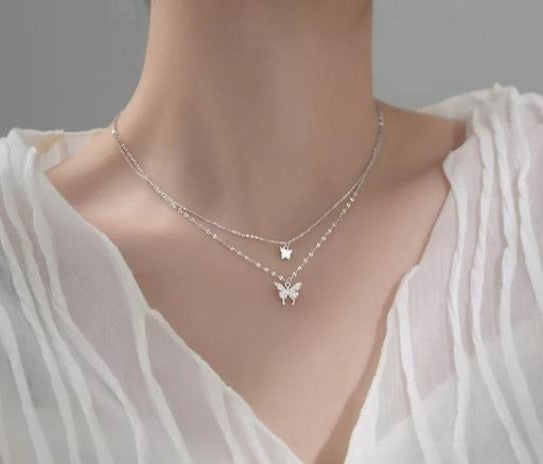 Silver Plated Double Layered Butterfly Pendant Necklace | PC Alloy Korean & Western Style Jewelry – Royal Martz