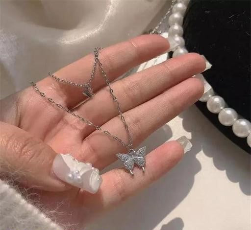 Silver Plated Double Layered Butterfly Pendant Necklace | PC Alloy Korean & Western Style Jewelry – Royal Martz
