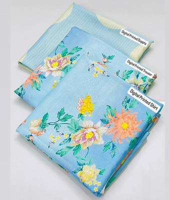 Stunning Blue Digital Printed Karandi 3 Piece Unstitched Suit | Royal Martz