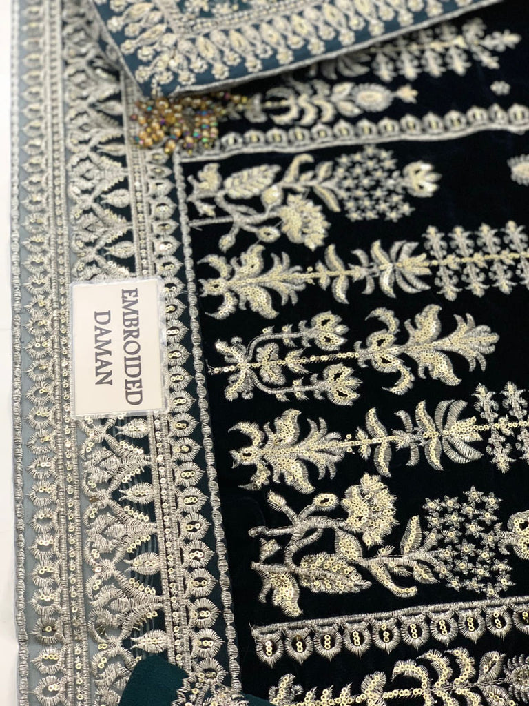 Velvet Collection Heavy Embroidered Suit with Organza Tie & Dye Dupatta – Master Replica | Royal Martz