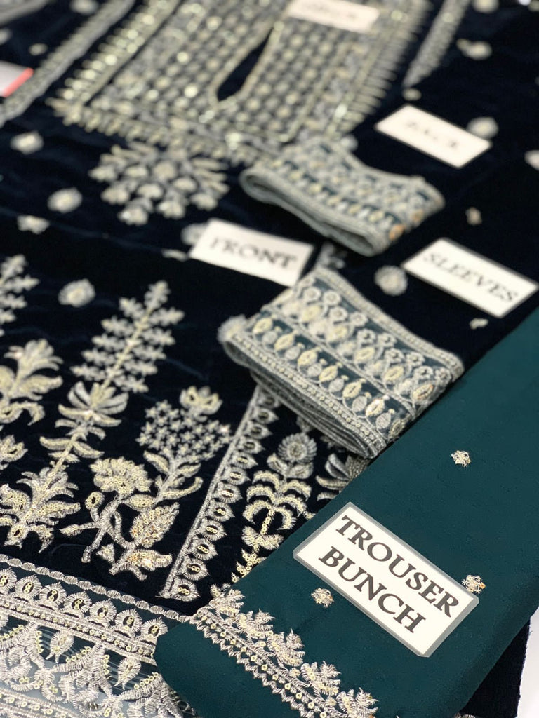 Velvet Collection Heavy Embroidered Suit with Organza Tie & Dye Dupatta – Master Replica | Royal Martz