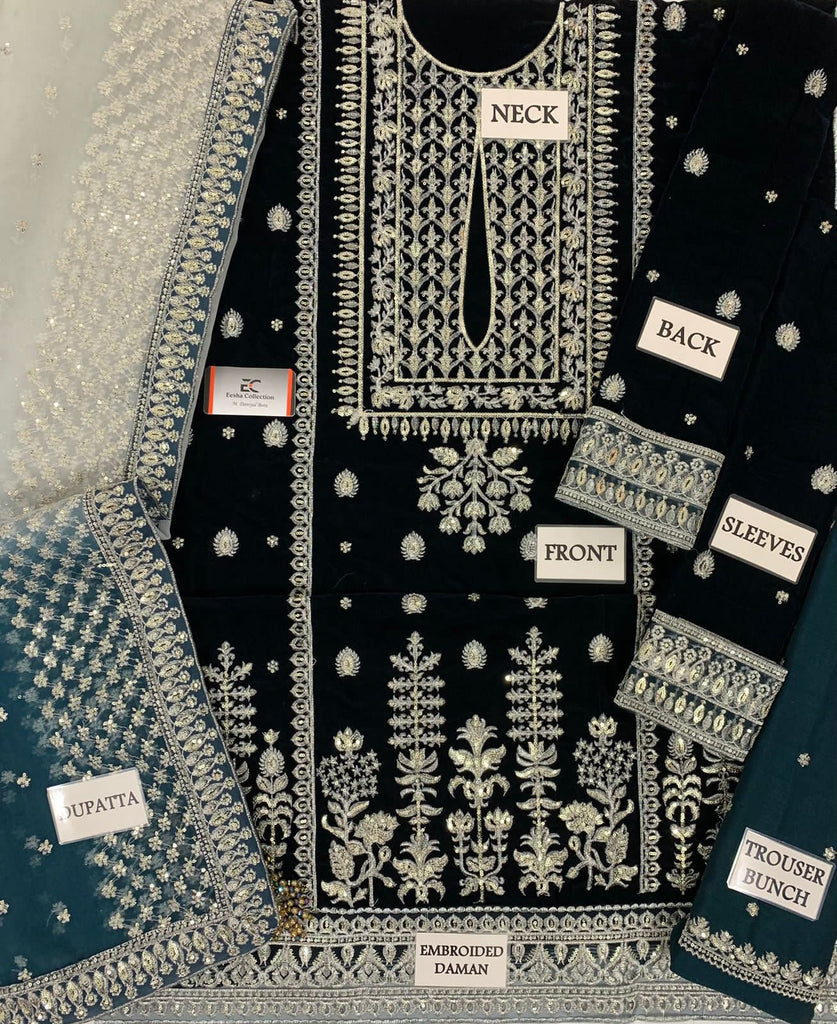 Velvet Collection Heavy Embroidered Suit with Organza Tie & Dye Dupatta – Master Replica | Royal Martz
