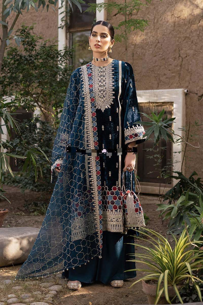 Velvet Luxury Embroidered Suit with Organza Dupatta & Silk Trouser | Royal Martz